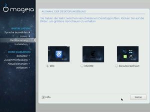 Abbildung 4: Bei Mageia haben Sie während der Installation die Wahl zwischen den populären Desktops KDE und Gnome. Vorgabe ist KDE.