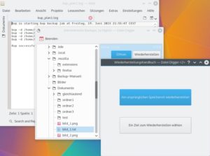 Abbildung 4: Links oben im Hintergrund sehen Sie das Kup-Protokoll, mittig den Dateibrowser, rechts die Abfrage, wohin die Software die Sicherung zurückspielen soll.