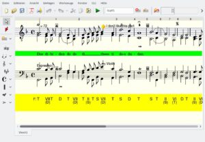 Abbildung 4: Canorus läuft in der Praxis bereits stabil und beherrscht die ganze Palette musikalischer Notationsformen von klassischen Chorälen bis hin zu Gitarrengriffen oder Schlagzeugnoten.