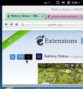 Abbildung 5: Eine Prozentanzeige neben dem Akkusymbol im Panel liefert die Gnome-Shell-Erweiterung Battery Status.