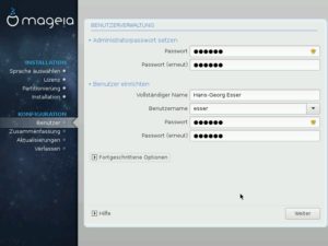 Abbildung 5: Der Mageia-Installer bewertet die Qualität der eingegebenen Passwörter. Machen Sie es besser als wir im Test (gelbe Stufe).