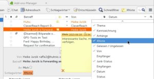 Abbildung 8: Thunderbird hebt Mails mit XNote-Notizen farblich hervor und kann im Hauptfenster eine extra Spalte für die Post-its einblenden.
