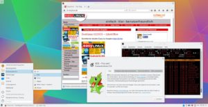 Abbildung 9: Ergebnis der Anstrengungen ist ein KDE-Desktop; hier mit dem alternativen Startmenü ("Anwendungsmenü").