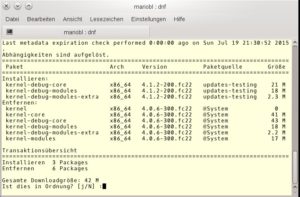 Abbildung 1: Wie gehabt: die DNF-Ausgabe beim Einspielen von Aktualisierungen unter Fedora 22.