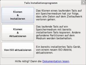 Abbildung 2: Die Installationsroutine von Tails ermöglicht die Installation und Aktualisierung des Systems aus dem Live-Betrieb heraus.