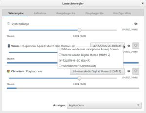 Abbildung 3: Mit dem PulseAudio-Lautstärkeregler leiten Sie bei laufendem PulseAudio-DLNA den Sound der gewünschten Anwendung zu den gefundenen DLNA-Geräten weiter.
