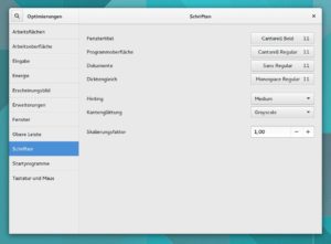 Abbildung 3: Zum Skalieren von Gnome-Anwendungen drehen Sie im Gnome Tweak Tool an den Optionen <code srcset=