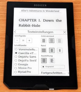 Abbildung 8: Das Schriftenmenü des Bookeen-Readers.