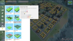 Abbildung 1: Wenn Sie den Mauszeiger auf einem Gebäude parken, verrät das Spiel, welche Voraussetzungen Sie für den Bau erfüllen müssen. Das Kernkraftwerk möchte an einer Straße errichtet werden ("Requires") und liefert die rote Höchstspannung ("Generates").