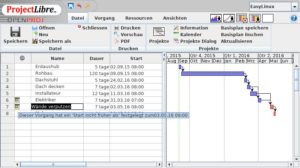 Abbildung 10: Aus Rahmenbedingungen wie "was muss vorher fertig sein" und "wann hat der Handwerker Zeit" errechnet die Projektmanagement-Software ProjectLibre automatisch einen optimalen Terminplan. Die Balkendarstellung der Abläufe nennt man nach ihrem Erfinder Gantt-Diagramm.