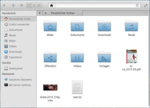 Abbildung 3: Die Elementary-Anwendungen, wie der von Gnomes Nautilus abstammende Dateimanager, verzichten auf Menüleisten und ordnen die Programmsymbole in der Fensterleiste an.