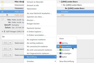 Abbildung 4: Über das Kontextmenü der rechten Maustaste fügen Sie in Evolution farbige Beschriftungen zu Ihren E-Mails hinzu.