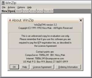 Abbildung 4: Schon in den frühen 90er Jahren begann der Siegeszug von WinZip, das Bild zeigt die 1992 veröffentlichte Version im Windows-Emulator Wine.