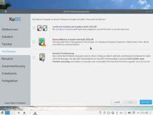 Abbildung 4: Die Partitionierungsvorschläge des KaOS-Installers sind nicht immer hilfreich, eine automatische Verkleinerung einer Windows-Partition ist nicht im Angebot.