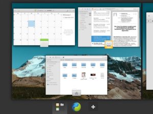 Abbildung 5: In der Arbeitsflächenübersicht stellt Pantheon die einzelnen Desktops symbolisch am unteren Rand dar. Über das Plus-Icon erzeugen Sie weitere virtuelle Desktops.