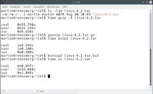 Abbildung 6: LZMA (xz) komprimiert mit Abstand am besten, braucht dafür aber fast sechsmal so lang wie Bzip2 oder Gzip.