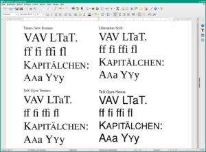 Abbildung 7: Schrift in Writer: Kerning und Ligaturen sind bei einigen Schriftarten gut, aber die Kapitälchen sind generell falsch (verkleinerte Großbuchstaben).