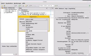 Abbildung 7: Die gesammelten Referenzinformationen lassen sich bei Bedarf aus Zotero heraus in unterschiedliche Formate exportieren.