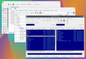 Abbildung 7: Von links nach rechts die drei Dateimanager Dolphin, Konqueror und Gnome Commander – das Gnome-Programm fällt in der KDE-Umgebung nicht weiter auf und nutzt z. B. ähnliche Icons wie die übrigen Programme (hier unter Kubuntu).