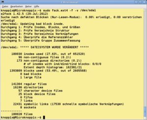 Abbildung 7: Mit dem Befehl "sudo fsck.ext4" führen Sie einen manuellen Check eines Ext4-Dateisystems durch.