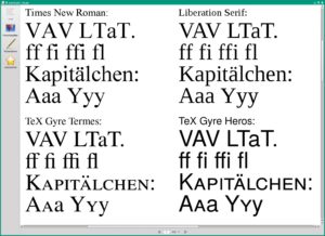 Abbildung 8: Schrift in LaTeX: Times New Roman und Liberation Serif (oben) sind allgemein unbrauchbar; mit guten Schriftarten sind Kerning, Ligaturen und auch die Kapitälchen perfekt.