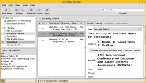 Abbildung 9: Die Mendeley-Desktop-App mit ausführlichen Detailinformationen zu einem erst kürzlich zur Literaturliste hinzugefügten Dokument.