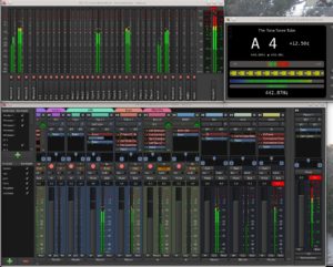 Abbildung 1: Ardour 4.4 kommt mit der übersichtlichen Meterbridge, einem voll ausgestatteten Mixer und dem Instrument-Tuner-Plugin von Robin Gareus.