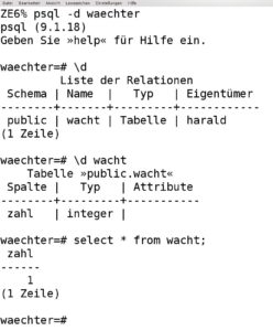 Abbildung 2: Einfache Datenbank für die Funktionskontrolle eines PostgreSQL-Servers.