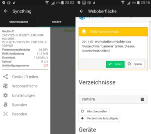 Abbildung 8: In der Grundeinstellung synchronisiert die Android-App automatisch den Foto-Ordner des Smartphones mit den eingetragenen Geräten.
