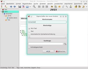 Abbildung 1: Den essenziellen Bestandteil eines Cherrytree-Projekts stellen sogenannte Knoten dar, die links im Programmfenster in einer Baumstruktur erscheinen.