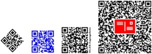 Abbildung 2: QR-Codes mit verschiedenem Inhalt – hier von links nach rechts Text, URL, WLAN-Zugangsdaten und Kontaktinformationen – lassen sich mit LaTeX schnell und einfach generieren.