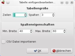 Abbildung 4: Beim Anlegen von Tabellen legen Sie neben der Anzahl der Zeilen und Spalten auch deren Größe fest. Diese Werte lassen sich später aber problemlos verändern.