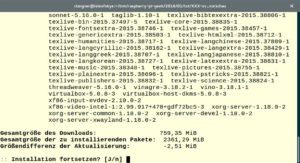 Abbildung 6: Nach gut einer Woche sammeln sich zahlreiche Updates an. Im Beispiel aufgrund eines LaTeX-Updates müssen über 750 MByte geladen werden.
