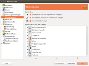 Abbildung 1: Die Einstellungen zum Werkzeugkasten zeigen alle verfügbaren Werkzeuge an. Über einen Klick in das Symbol mit dem Auge bestimmen Sie, was in Ihrer Gimp-Oberfläche auftaucht.