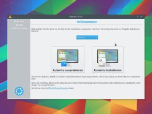 Abbildung 1: Nach dem Booten der Kubuntu-DVD erscheint dieses Fenster, in dem Sie die Sprache auswählen und probeweise den KDE-Desktop im Live-Modus starten.