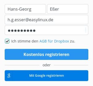 Abbildung 1: Name, E-Mail-Adresse und Passwort: Mehr brauchen Sie nicht, um einen Dropbox-Account anzulegen.