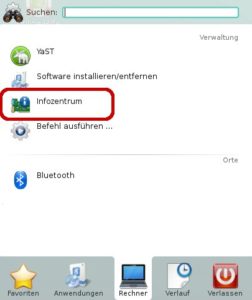 Abbildung 1: Das KDE-Infozentrum erreichen Sie über das Startmenü (hier OpenSuse 13.2).