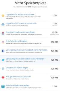 Abbildung 10: Die anfänglichen 2 GByte sind schnell verbraucht, Dropbox bietet verschiedene Möglichkeiten, den Platz zu vergrößern.