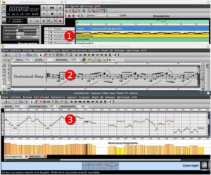 Abbildung 14: Wie bei Sequenzern üblich, bündelt die Track-Ansicht (1) die Stimmen. Die Notenansicht (2) ist in ihrer Qualität für freie Software einzigartig. Eine Klavierwalzenansicht (3) für das Finetuning der Notendauer und Anschlagstärke gibt es ebenfalls.