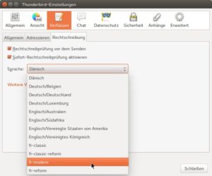 Abbildung 2: Die neuen Wörterbücher sind im Thunderbird-Einrichtungsdialog sofort verfügbar – es ist kein Neustart des Mailprogramms nötig.