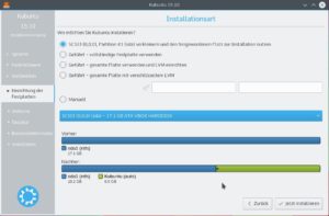 Abbildung 2: Die Standardsituation: Windows belegt die ganze Platte; dann schlägt der Installer vor, diesen Platz aufzuteilen.