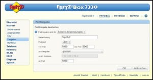 Abbildung 2: Hängt der Linphone-Rechner an einem Router (hier einer FritzBox), sind drei Portweiterleitungen einzurichten.