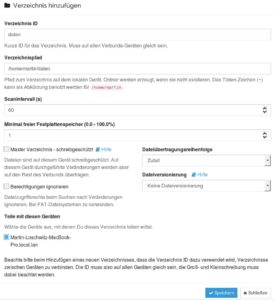 Abbildung 2: Wenn die Verbindung zwischen zwei Syncthing-Instanzen klappt, ist der letzte Schritt die Freigabe von Verzeichnissen.