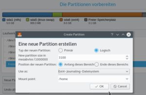 Abbildung 3: Legen Sie Partitionen selbst an, geben Sie jeweils Größe, Dateisystem und "Mount point" an.