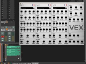 Abbildung 3: Das LXVST-Plugin VEX bietet drei Synthesizer in einem. Die Suchzeile in seiner generischen Oberfläche hilft dabei, alle Cutoff-Regler der drei Filter zu finden. Es lassen sich mehrere Regler dem gleichen Parameter zuordnen und umgekehrt.