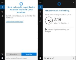 Abbildung 3: Cortana verlangt zwingend die Anmeldung über einen Microsoft-Account (links). Nur wer sich fügt, wird von der Assistentin mit Spracherkennung belohnt.