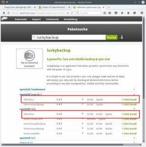 Abbildung 5: OpenSuse-Anwender installieren LuckyBackup am schnellsten über eine Suche auf "software.opensuse.org".