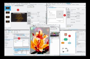 Abbildung 5: Viele weitere Programme mit palettenbasiertem GUI ergänzen Words zur Office-Suite. Die wichtigsten: Stage (1, Präsentationen), Sheets (2, Tabellenkalkulation), Kexi (3, Datenbank, ähnlich Access), Flow (Schablonen/Flussdiagramme à la Visio) und Krita (5, Bitmaps).