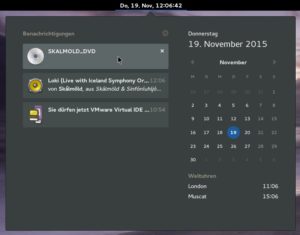 Abbildung 5: Ab Gnome 3.16 gibt es kein Banner am unteren Bildschirmrand mehr. Die Benachrichtigungen erreichen Sie nun per Mausklick auf den Kalender.