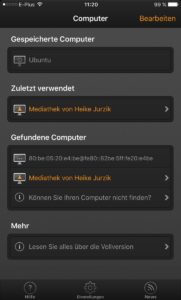 Abbildung 6: Die App VLC Remote Free zeigt Computer im lokalen Netz, auf denen der VLC Player mit Web-Interface läuft.